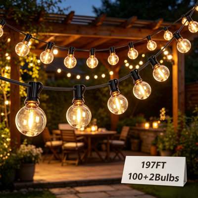 197Ft Outdoor String Lights With 100+2 G40 Led Bulbs, Shatterproof Waterproof Connectable Plug-In Globe Lights For Backyard Patio Garden