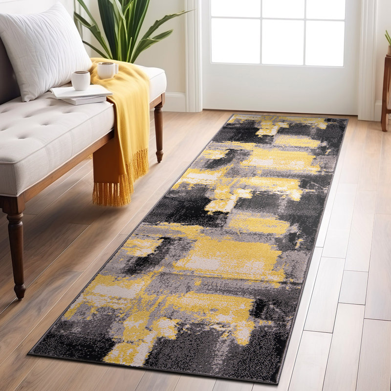 Rambo Performance Abstract Yellow/Black/Gray Area Rug, Runner 2'x7'