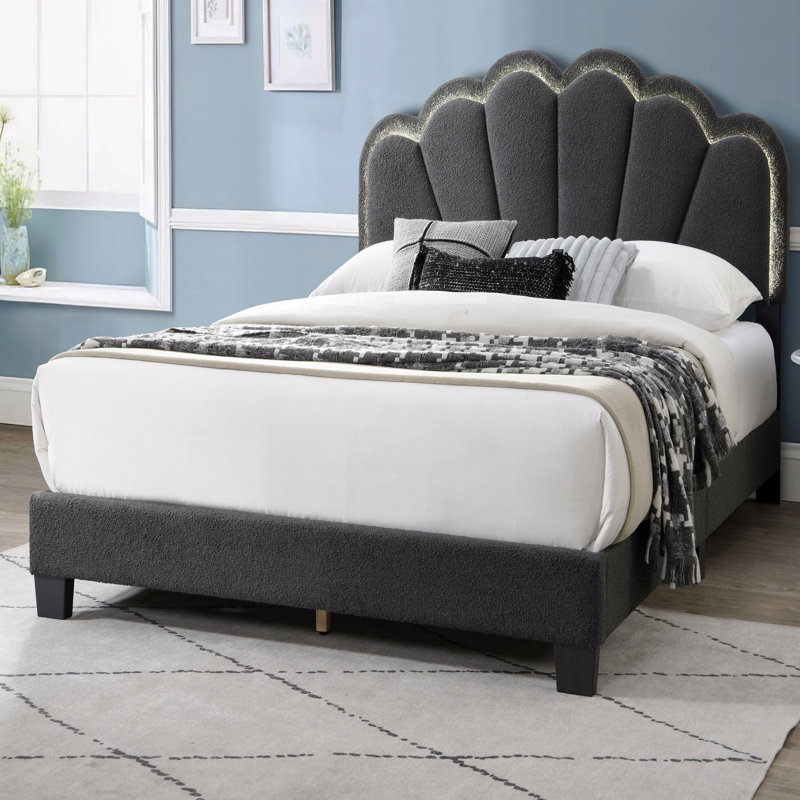 Grand lit, tête de lit 1 pièce à motif floral en laine gris anthracite avec cadre de lit plateforme entièrement rembourré à DEL