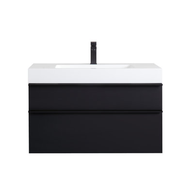 Meuble-lavabo mural noir 36 po avec lavabo en acrylique intégré, 2 tiroirs à fermeture en douceur, armoire flottante moderne, pré-assemblé | Idée de cadeau