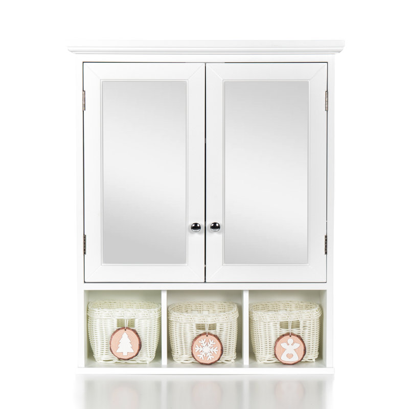 Armoire de rangement de salle de bain avec miroir - 2 portes, tablettes réglables, 3 paniers de décoration de Noël pour salle de bain, cuisine, aile de salle de lavage