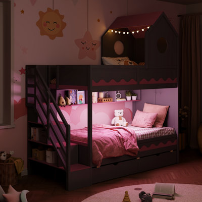 Twin Over Twin Kids Bunk Bed with Castle House, Staircase Drawers and LED, Gray