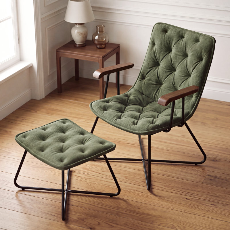 Mid-Century Chenille Upholstered Accent Chair with Ottoman Set, Ergonomic Lounge Chair with Wood Armrest & Metal Frame, Tufted Leisure Chair for Living Room Bedroom