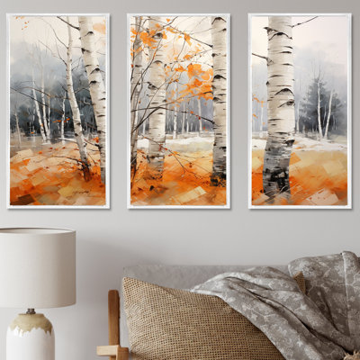 Ensemble de salon art mural orange en bois Brich orange en hiver II