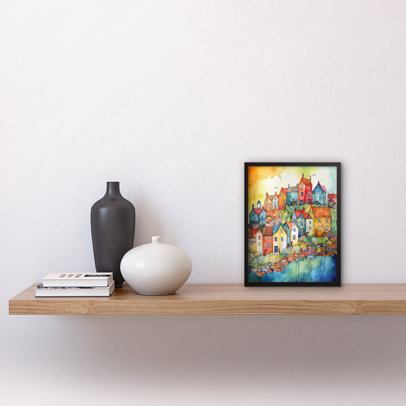 Village Of Manarola Italy Folk Art Artwork Framed Wall Art Print 9X7 Inch