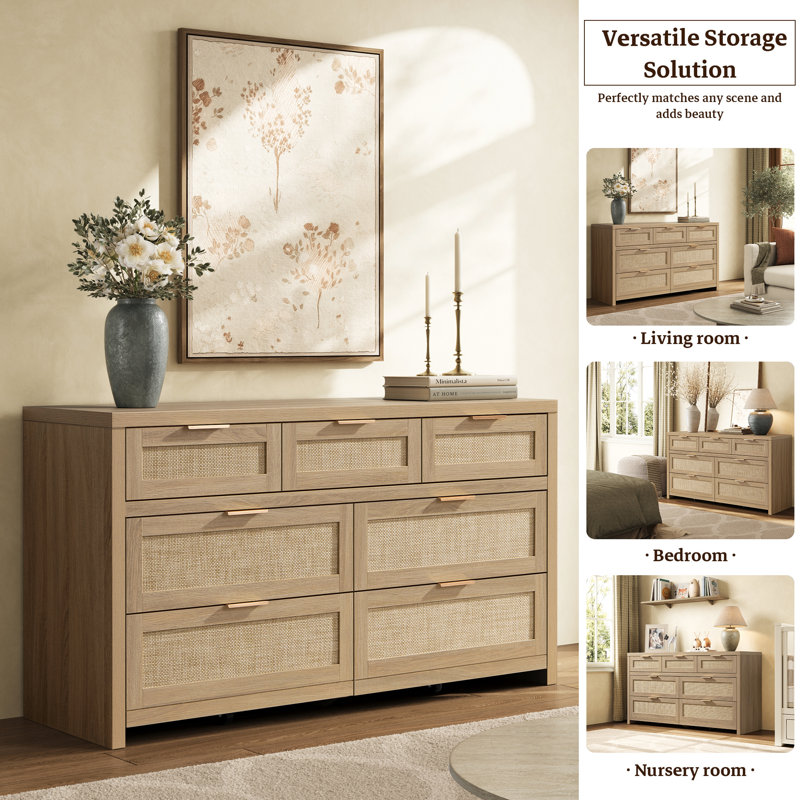 Chada 56.88" W Bohemian Rattan 7-Drawer Dresser With Ample Storage, Light Oak