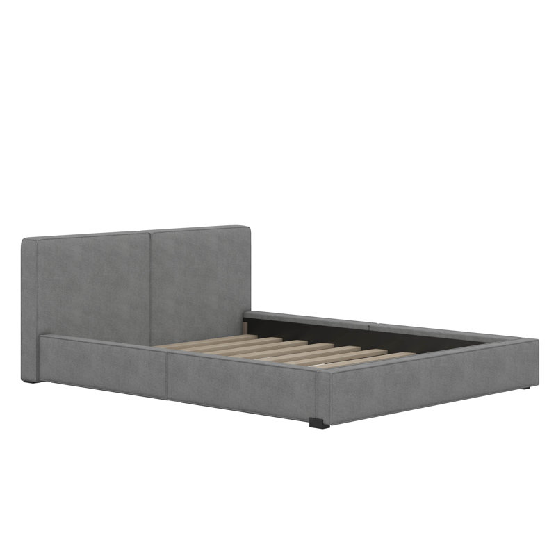 Grand lit tapissier au sol en velours, gris