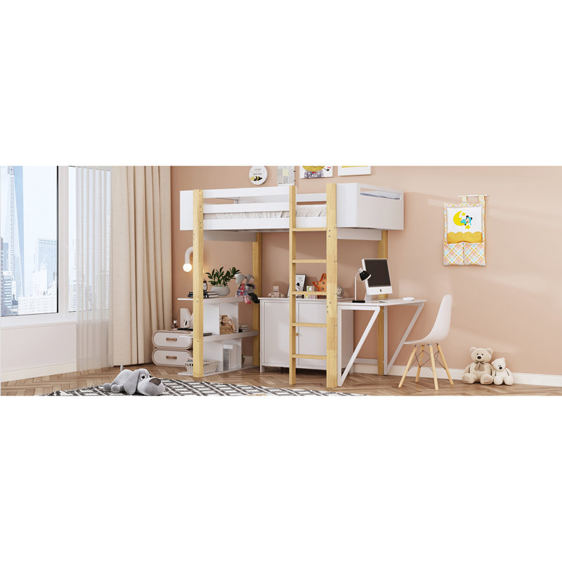 Lit mezzanine simple blanc avec compartiments de rangement et bureau pliable pour les petites chambres, Blanc