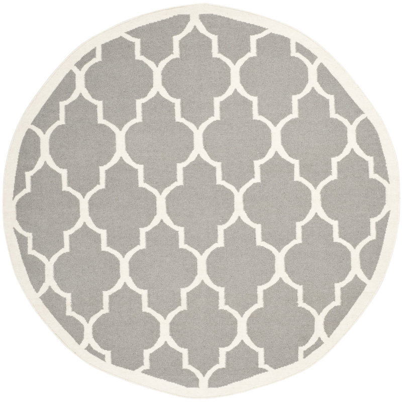 Rodgers Hand Woven Flat Weave Wool/Cotton Geometric Rug in Ivory/Gray, Round 6'