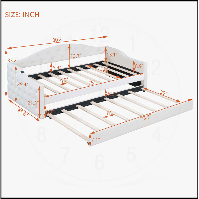 Twin Size Tufted Upholstered Daybed with Trundle, Velvet Sofabed with USB&Type-C Charging Ports, No Box-spring Needed, Beige