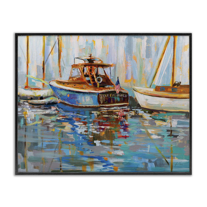 «Old Fashioned Boat Harbor», estampe numérique par Jeanette Vertentes, H 24 po x l 30 po, Giclée encadrée noir minuit
