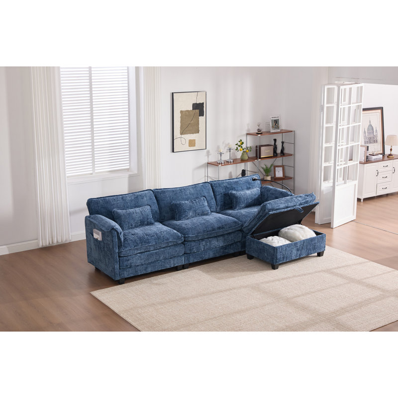 Élégant canapé modulaire en forme de L avec repose-pieds de rangement amovible et ports de charge intégrés pour un confort moderne