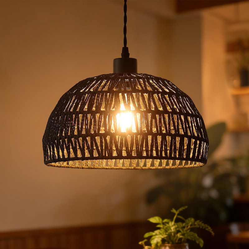 1 lumière Derica 13,78 po Luminaire suspendu en dôme tissé à brancher avec accents de corde style bohémien, cordon de 14,76 pieds