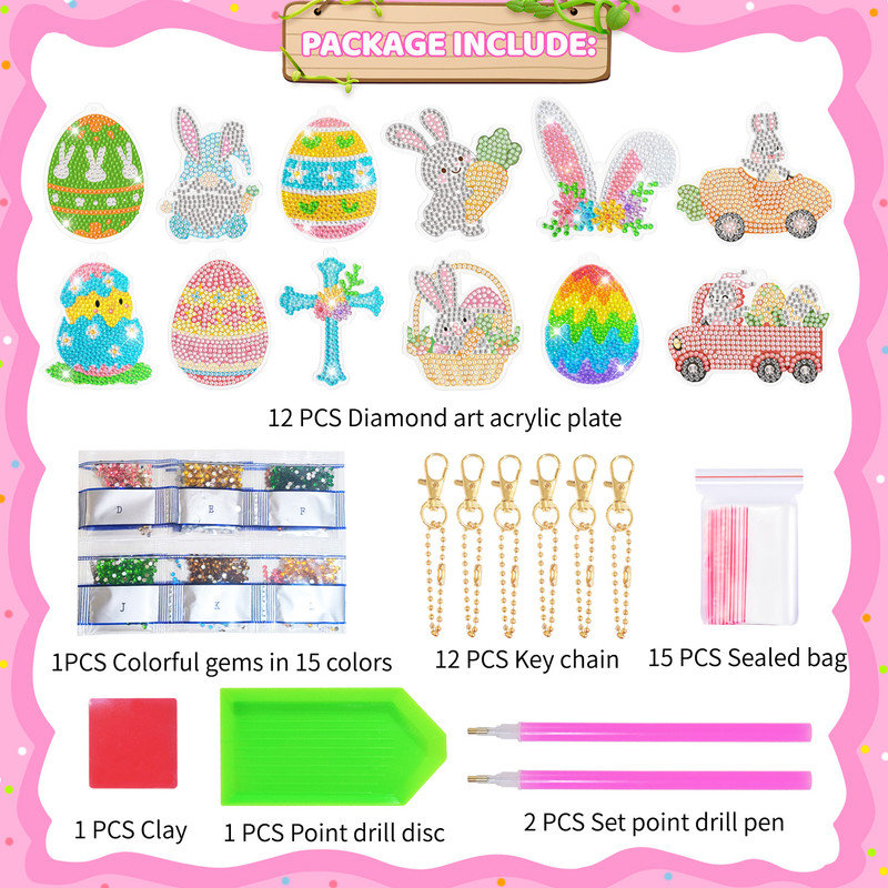 44pcs Easter Eggs Diamond Painting Keychain