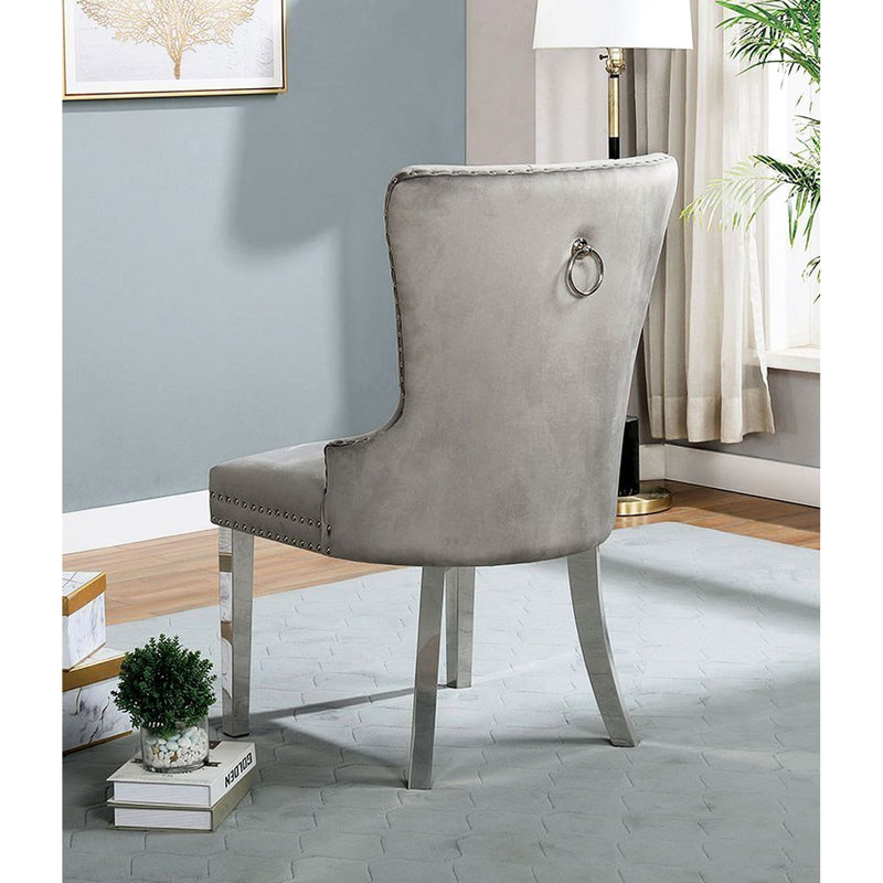 Fauteuil à oreilles en flanelle de luxe gris, avec pieds et pieds, 2 chaises de salle à manger avec dossier, bois massif,