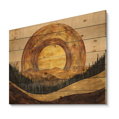 Wooden Moon On Bold Golden Forest Landscape - Forest Wood Wall Art - On Natural Pine Wood