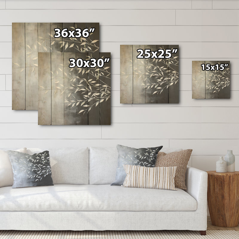 Feuilles de saule en blanc - feuilles, art mural sur bois de pin naturel, H 36 po x l 36 po