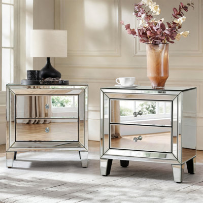 23.62"W Modern 2-Drawer Glam Mirrored Nightstands with Crystal Knobs (Set of 2)