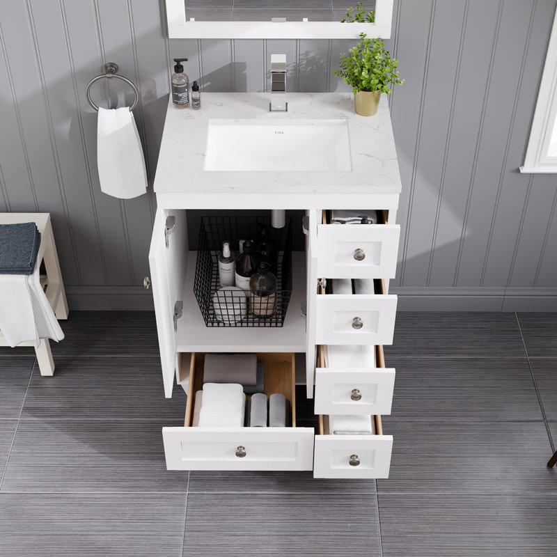 Meuble-lavabo en porcelaine l 24 po x P 22 po Yena, Quartz - Carrare blanc 1, Blanc