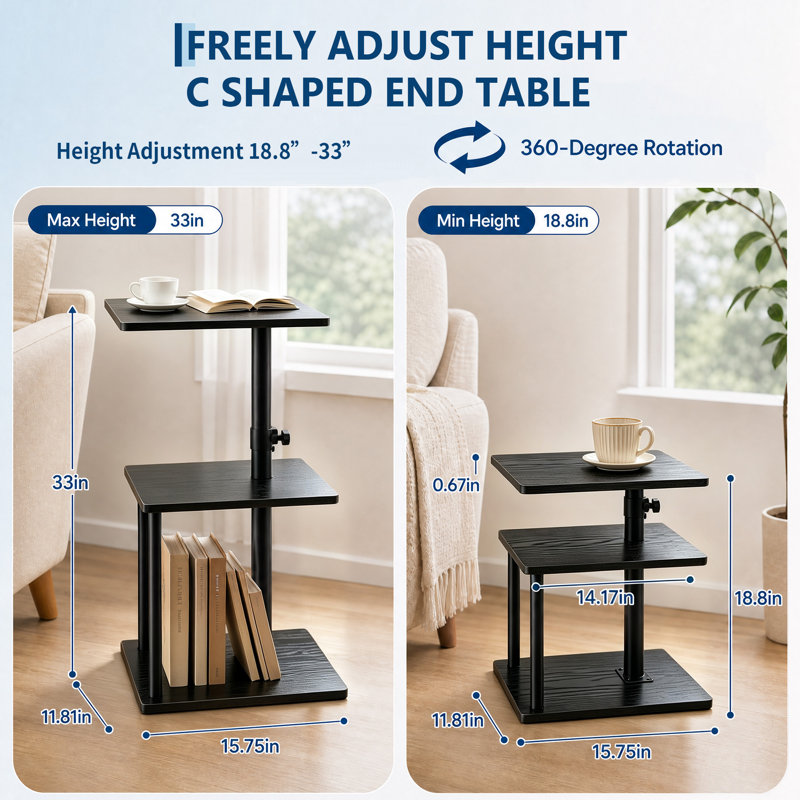 Table de bout pivotante en forme de C avec rangement, réglable en hauteur pour le salon, Noir