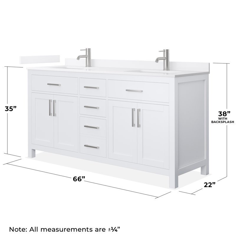 Beckett 66" Freestanding Double Bathroom Vanity with Quartz Top, White, Brushed Nickel, White Quartz