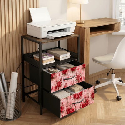 Table de chevet 2 tiroirs avec station de charge, table de chevet pour chambre à coucher avec ports USB, tablette ouverte noire, table de chevet avec bouquet de roses rouges