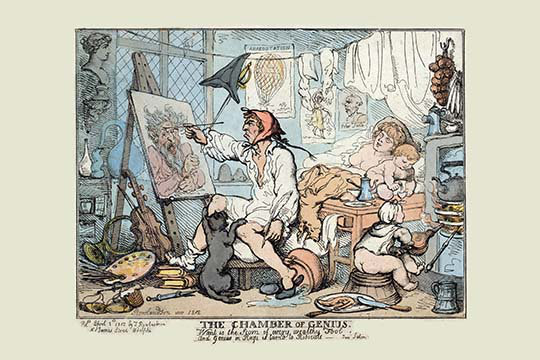 Impression d’art graphique « the chamber of genius » par thomas rowlandson, H 28 po x l 42 po x P 1,5 po