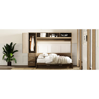 Bed Full Size With Antique Wood Appearance, Wardrobe & Practical Storage - Stable Space Saving Design Wardrobe, Drawers And Open Shelves
