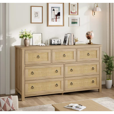 Large 7-Drawer Rattan & Wood Cabinet, 54-Inch Wide Natural Oak Storage Organizer for Bedroom, Living Room or Hallway