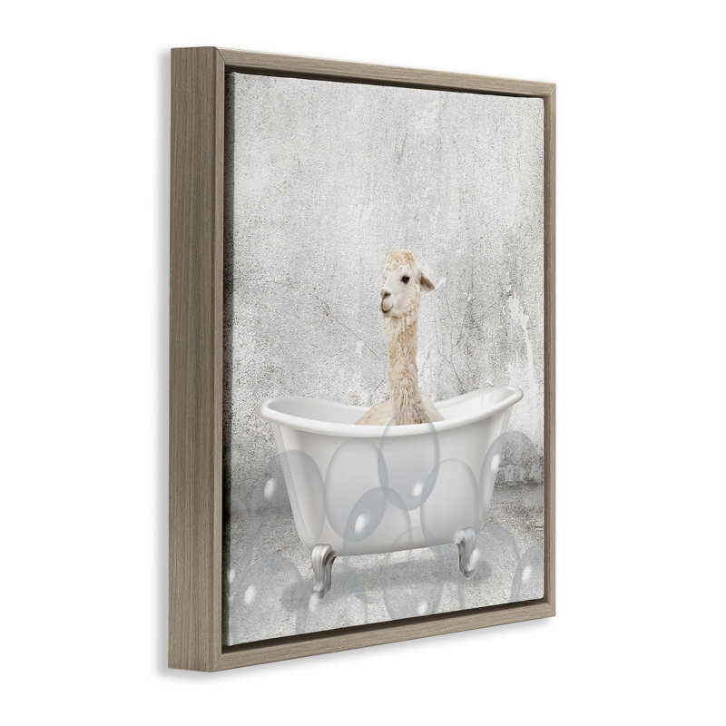 «Baby Llama Bath Time», art mural encadré sur toile flottante par Kim Allen, Cadre flottant orme Montalcino