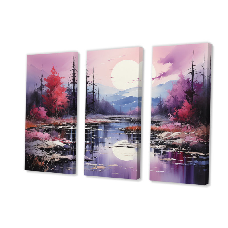 Impression sur toile 3 pièces rose et mauve Riverside Serenity II, H 40 po x l 60 po x P 1 po
