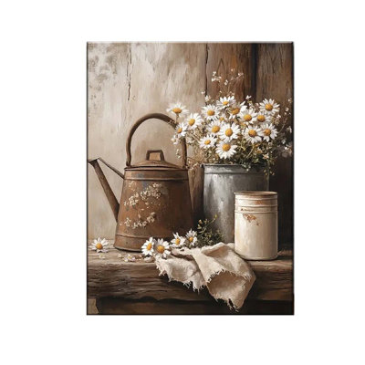 16*12，Canvas Art with White Daisies & Vintage Iron Jugs – Sturdy Pine Wood Frame, Ideal Wall Decor for Living Room, Bedroom, or Office, Perfect Gift f