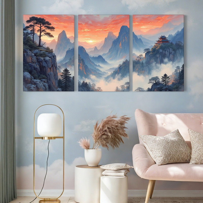 Tableau sur toile tendue représentant un coucher de soleil sur un paysage de montagne (ensemble de 3), H 18 po x l 36 po