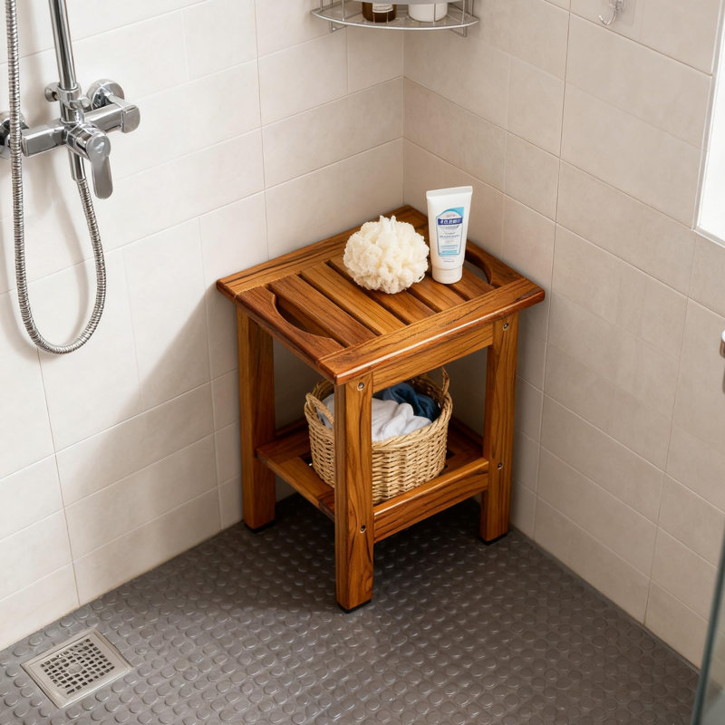 Teak Shower Stool, Compact Shower Bench With Shelf & Handle, Foot Rest For Shaving Legs, 2-Tier Small Wooden Bath Seat With Non-Slip Feet For Bathroom, Bathtub, Or Outdoor Use