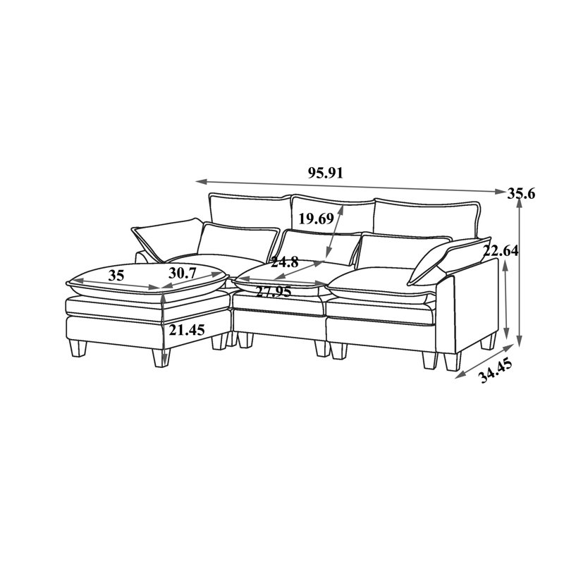 Sectional Modular Sofa L Shaped Fabric Couch With High Supportive & Soft Sponges And Removable Ottoman, Black Velvet