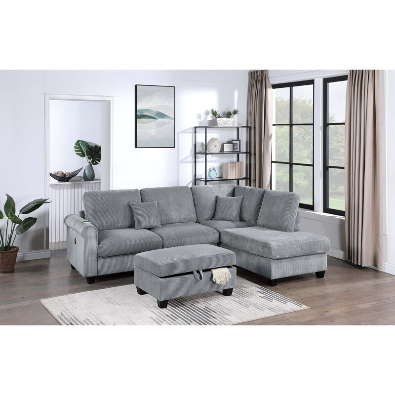 Contemporary Style 3Pc Sectional Set Right Arm Chaise Left Arm Sofa W/ USB Port Storage Ottoman Throw Pillow Wooden Legs Fog Finish Primary Living Room