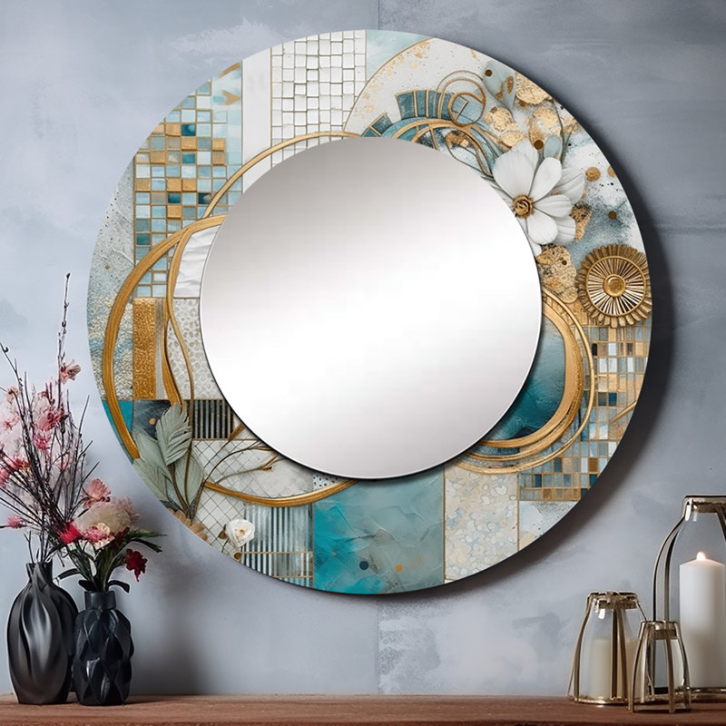 Patrea, mosaïque bleu doré, motif floral II - grand miroir mural floral, miroir rond turquoise, 23 po x 23 po