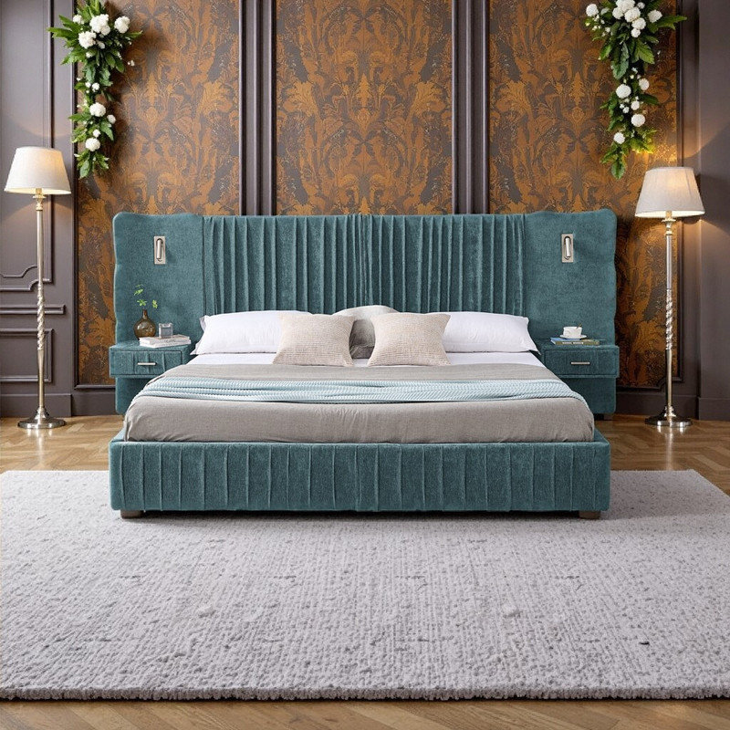 King Size Upholstered Platform Bed with Headboard, Built-in Nightstands & Adjustable Lamps, Green