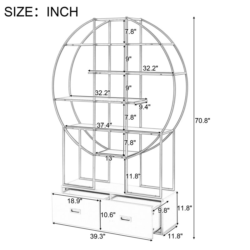 Modern 70.8 Inch Round Bookshelf With Two Drawers, Gold Trim Office Bookcase And White Tone