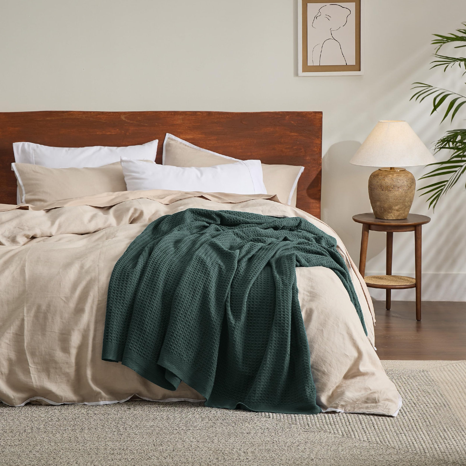 Bedsure Cotton Waffle Weave Throw Blanket, Twin XL, Dark Green