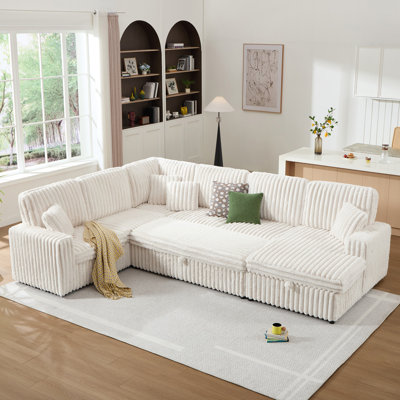 130 Inch Modular Cloud Sectional Sofa with Storage & Ottoman, Faux Fur Upholstered Sleeper Couch Converts to Bed, Beige Sectional for Living Room Large Space