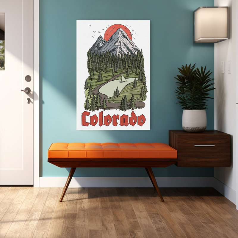 «Colorado Mountain Lake Peaceful Retro Serene Bird Pine Forest Landscape», art mural