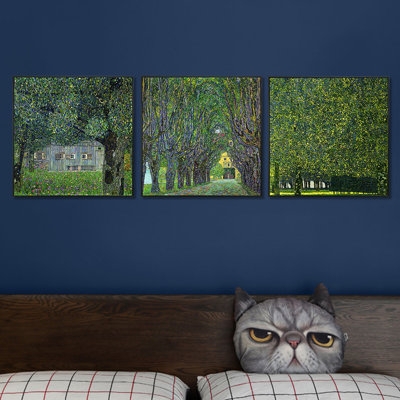 Framed Canvas Art Combo Painting 3 Pieces by Gustav Klimt Wall Art Series#15 Living Room Home Office Decorations(Wood Colour Slim Frame,16"x16" Each Piece)