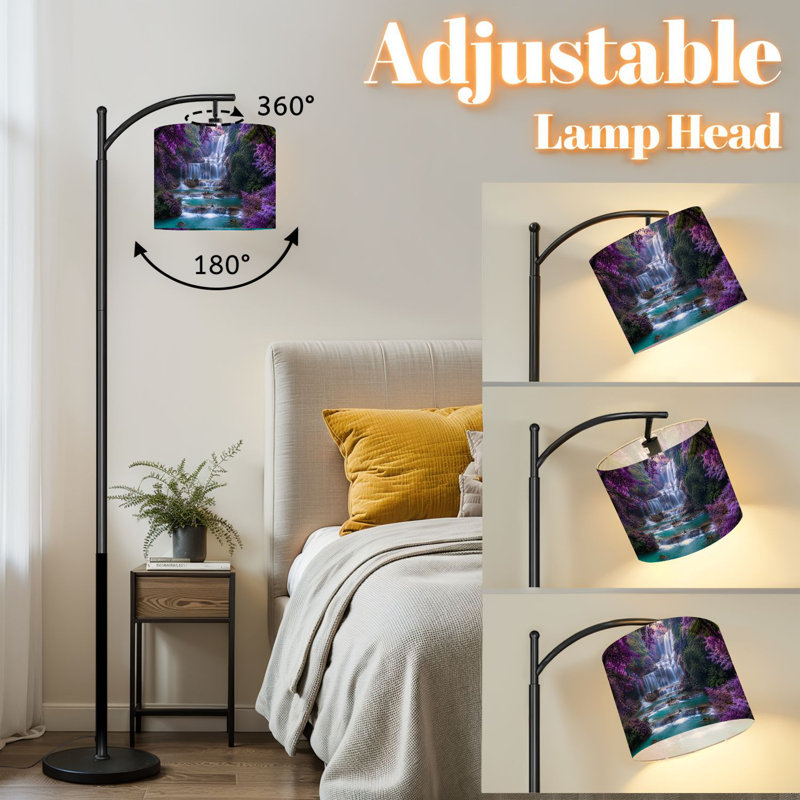 Lampe sur pied à arc avec abat-jour réglable, forêt thaïlandaise, cascade, arbres mauves, paysage, lampe sur pied, 3 températures de couleur, intensité variable, grand mât avec interrupteur au pied pour la chambre à coucher
