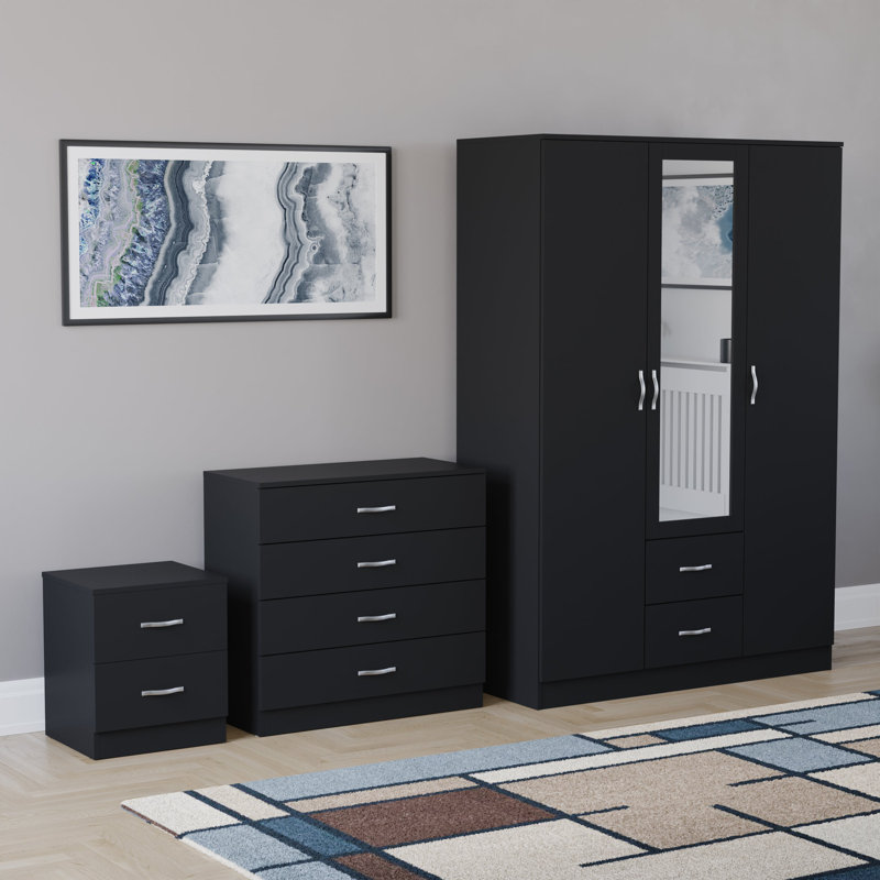 Maybery 3 Piece Bedroom Set (2 Drawer Bedside Chest, 4 Drawer Chest, 3 Door 2 Drawer Mirrored Wardrobe), (5), Black