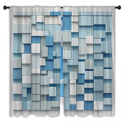 Blue White Rectangular Blocks Window Curtains Rectangles Sheer & Room Darkening - 2 Panels