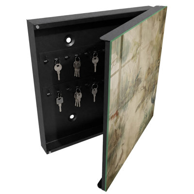 Wall mounted key box, Opens to the right, 30x30x5, White, An idyllic landscape with birds and vegetation, 
