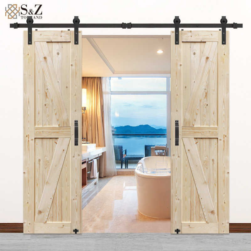 Natural Spruce Unfinished Double Barn Door with Installation Hardware Kit 84" Height