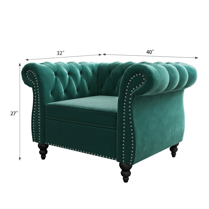 Green Velvet Chesterfield Accent Chair with Nailhead Trim