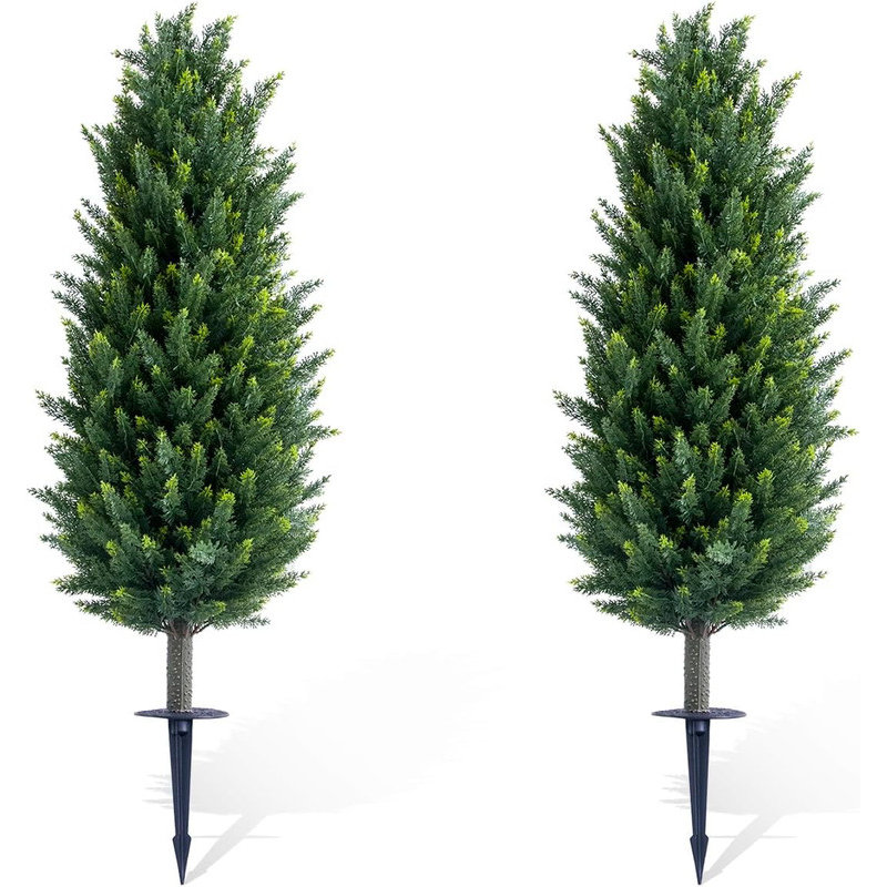 Artificial Topiary Ball Tree with Metal Ground Spike Set of 2/4, Fake Artificial Topiary Cedar Tree for Garden Patio Indoor and Outdoor Decor,25.6 Inch